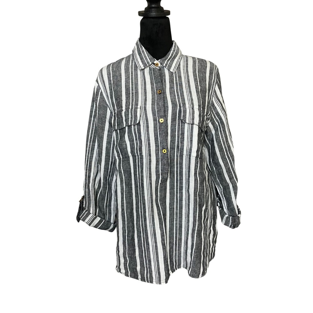 Ellen Tracy Linen Striped 3/4 Button Front Roll Tab Sleeve Gray White Blouse LG